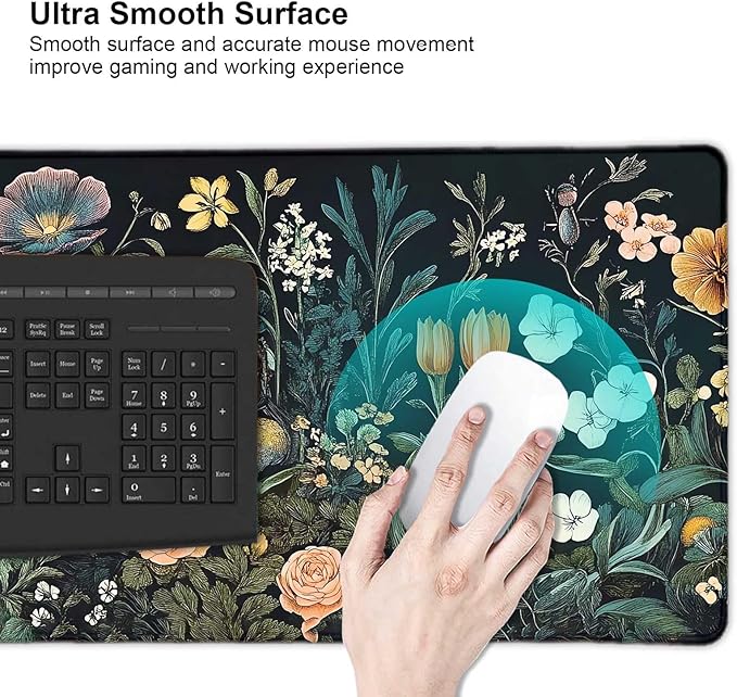 Vintage Wildflowers Floral Large Mouse Pad, Desk Mat Computer Keyboard Pad Non-Slip Rubber Base Waterproof with Stitched Edges for Laptop Gaming, Office & Home 31.5 x 11.8 Inch