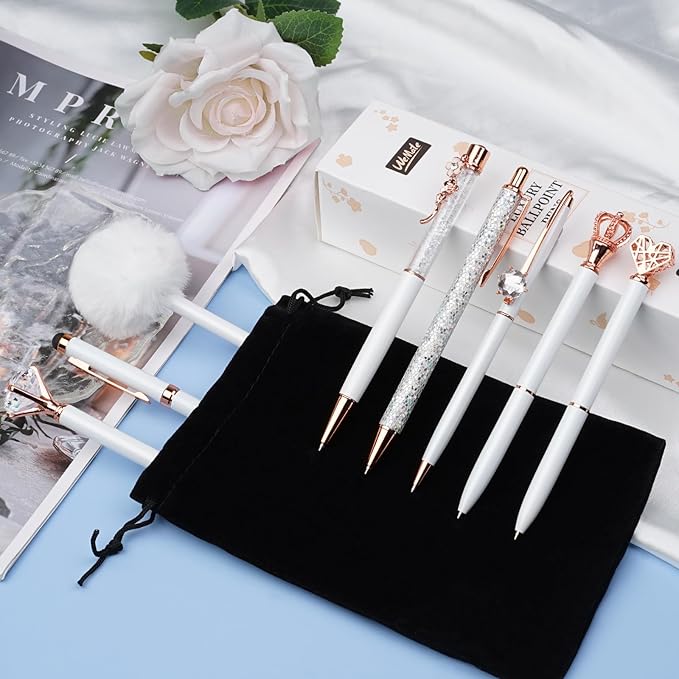 WEMATE 8Pcs Ballpoint Pens Set Metal Crystal Diamond Pen Glitter for Journaling White Pen Bling in Black & Blue Ink Pretty Cute Pens Fancy Pens Mothers Day Gifts for Women Wedding School Office(White)