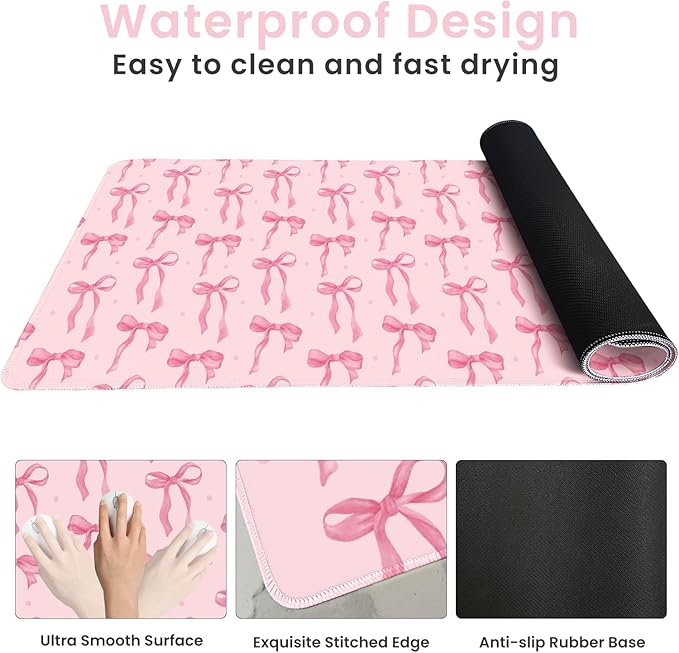 Pink Bows Mouse Pad for Computer Laptop PC, Non-Slip Rubber Base Gaming Mousepad, XL Large 31.5 x 15.7in Full Desk Mat Pink Keyboard Mat Cute Computer Mouse Pad Home Office Decor Accessories