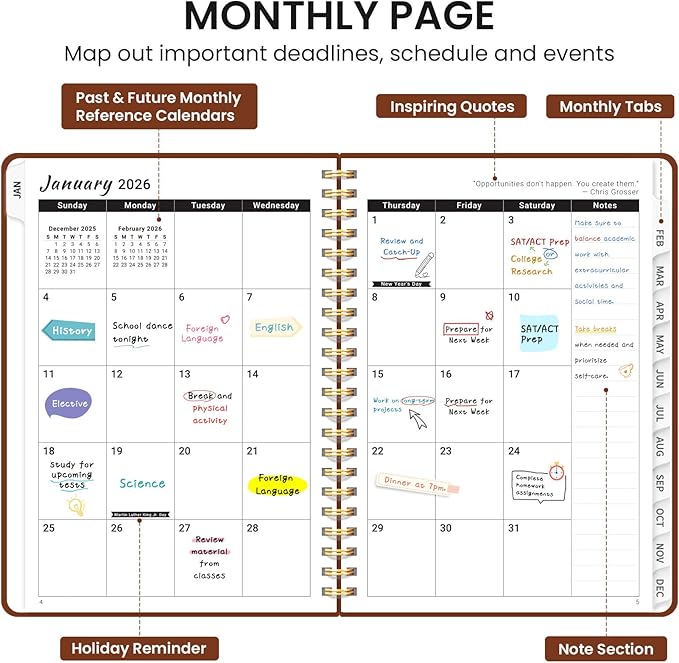 2026 Planner, Weekly and Monthly Calendar Planner, January 2026 - December 2026, Hardcover 2026 Calendar Book with Tabs For Women & Men, Inner Pocket, Spiral Bound, Perfect for Office Home School Supplies - A4 (8.5" x 11"), Rust Brown