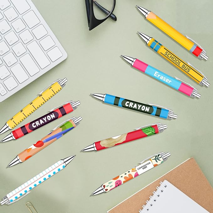 Teacher Appreciation Week Ballpoint Pens Set of 10 – Colorful Crayon-Inspired Teacher Theme Pens with Classroom Supply Designs – Smooth Black Ink Pens for Classroom, Office, and Thank You Gifts