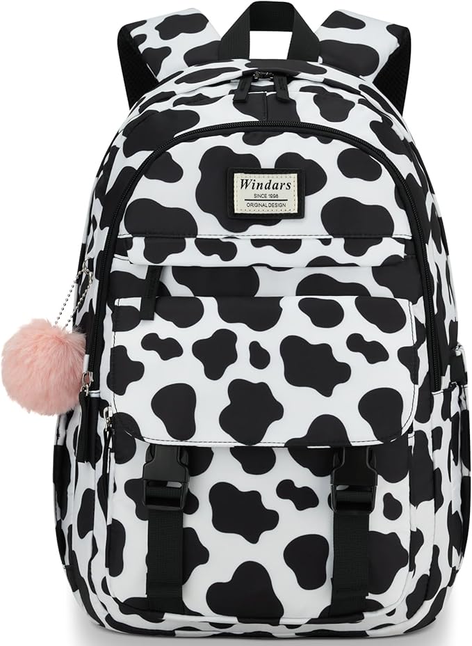 School Backpack for Teen Girls, Cute College Backpacks for Women Students Aesthetic Bookbag Large 15.6 Inch Laptop Bag Middle School Travel Back Pack (Cow Print Black)