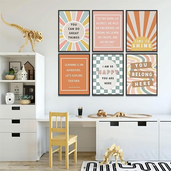 6Pcs Boho Inspirational Posters Wall Art Positive Affirmations Growth Mindset Canvas Wall Decor Pictures Modern Classroom School Posters Wall Prints for Children's Room nursery School 12x16in Unframed
