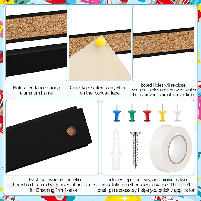 3 Pcs 36'' x 1" Cork Board Strips for Wall, Bulletin Bar, Tack Board With Aluminum Trim - Brown Cork Strips for Classroom, Office Walls, Cubicle