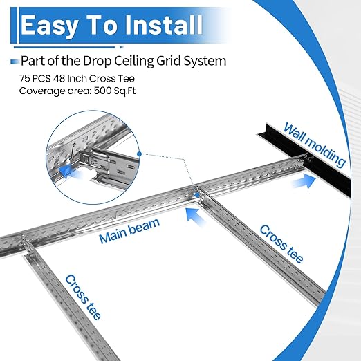 75 PCS 48 Inch Cross Tee Drop Ceiling Grid System, 4 Ft Galvanized Steel Rust & Fire Resistance Easy Installation, Ideal for Basement Living Room Garage Kitchen Bathroom White