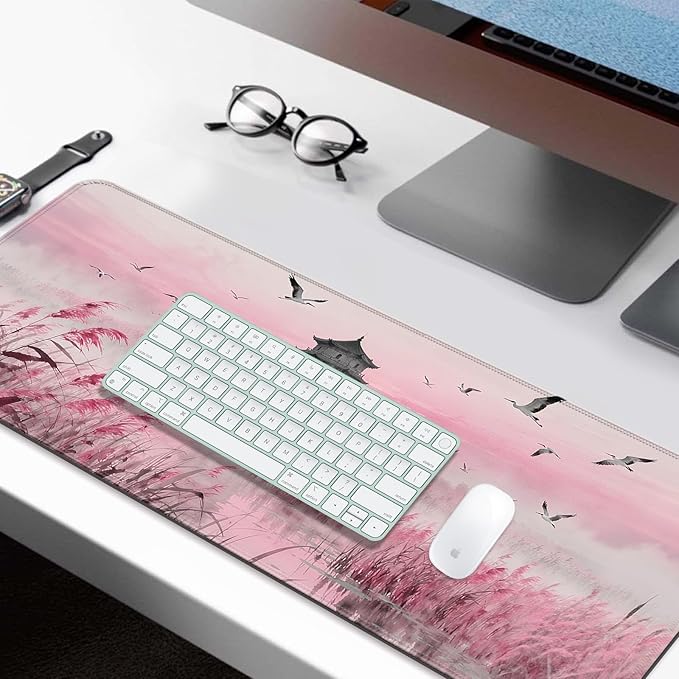 Fantasy Pink Tower and Egret XL Large Desk Mat, Extended Long Desk Pad for Gaming and Office, Non-Slip Rubber Base, Comfortable Surface Mouse Pad, 31.5x11.8 in (H23)