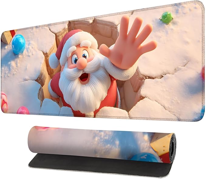 Desk Mat, XXL Extended Gaming Pad for Desktop, 35x16 Inches Santa Breaking Through Wall, Large Non-Slip Vegan Leather Surface with Stitched Edges, Keyboard Mouse Mat for Home Office