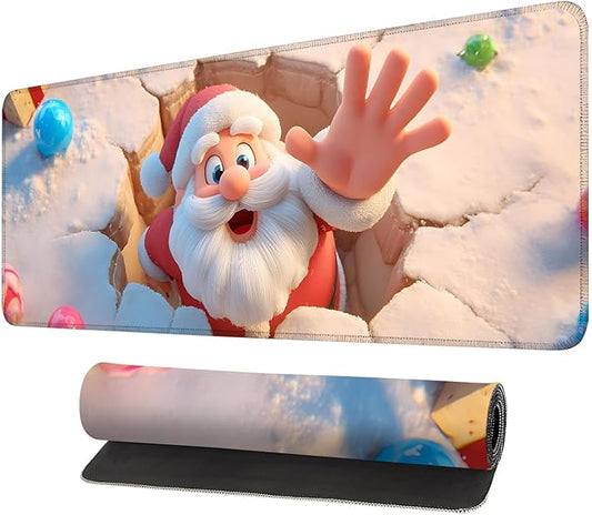 Desk Mat, XXL Extended Gaming Pad for Desktop, 35x16 Inches Santa Breaking Through Wall, Large Non-Slip Vegan Leather Surface with Stitched Edges, Keyboard Mouse Mat for Home Office