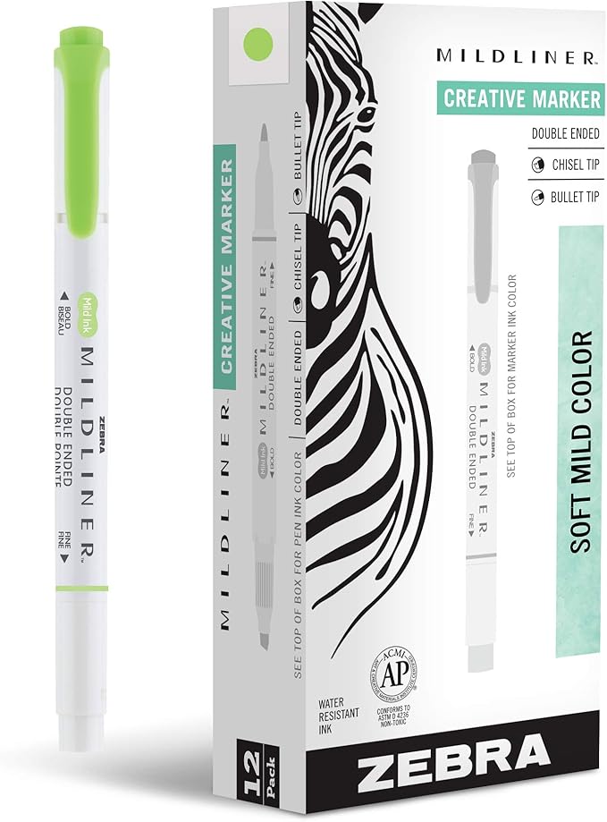 Zebra Pen Mildliner Dual-Tip Highlighters, Broad and Fine Tips, Ideal for Bible Highlighting, No Bleed, School Supplies, Teacher Supplies, and Office Supplies, Mild Green Ink, 12-Pack (78140upc)