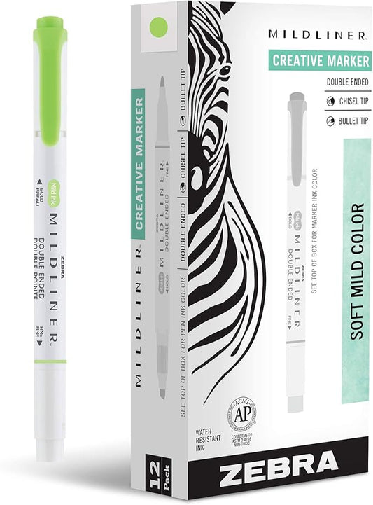 Zebra Pen Mildliner Dual-Tip Highlighters, Broad and Fine Tips, Ideal for Bible Highlighting, No Bleed, School Supplies, Teacher Supplies, and Office Supplies, Mild Green Ink, 12-Pack (78140upc)