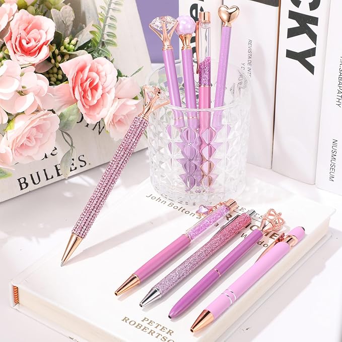 Janmini 9 Pcs Ballpoint Pens Set Metal Crystal Diamond Glitter Pens for Journaling Black Ink Pretty Cute Things Fancy Stationery Gifts for Women Girls Birthday Home Office Desk(Violet)