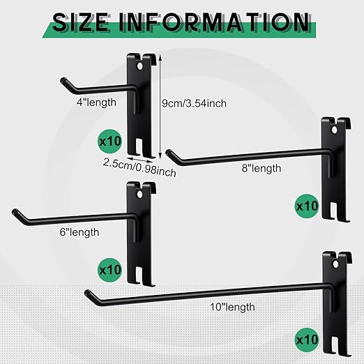 Amyhill 40 Pcs Metal Gridwall Hooks 4/6/8/10 Inch Display Hooks for Grid Wall Panel Black Grid Panel Hanging Hook for Retail Home, Workspace Organization, Garage, Trade Show, Storage Solutions