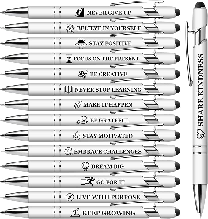 15 Pack Motivational Pen Set - Inspirational Quotes Retractable Ballpoint Pens for Office School Supplies, Encouragement Gifts for Women Men, White