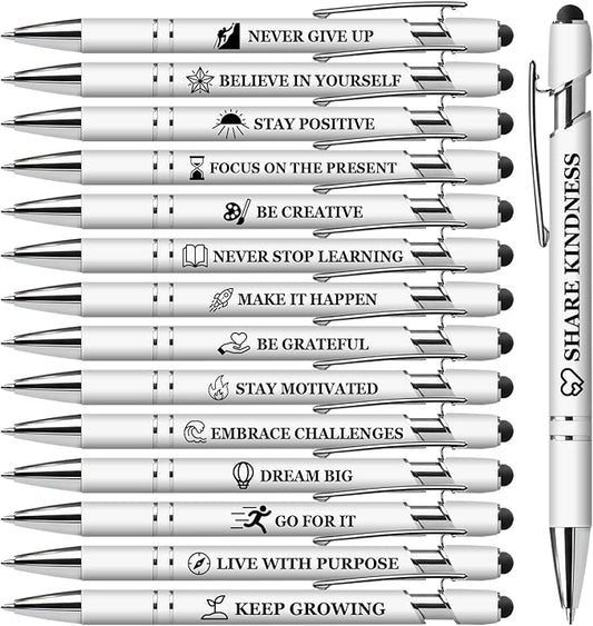 15 Pack Motivational Pen Set - Inspirational Quotes Retractable Ballpoint Pens for Office School Supplies, Encouragement Gifts for Women Men, White