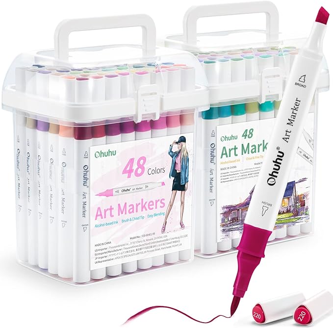 Ohuhu Alcohol Markers Brush Tip: Double Tipped Art Marker Set for Artists Adults Drawing Sketching Illustration - Brush Chisel Color Markers - Pack with 94 Vibrant Colors 2 Marker Cases 2 Blenders