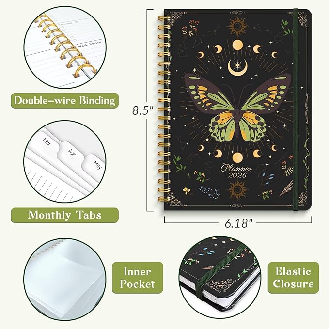 2026 Planner, A5 Weekly and Monthly Planners with Tabs, Spiral Bound Daily Calendar 2026 Planner, Agenda Organizers from Jan. to Dec., Hardcover Habit Tracker Journal 6.18" x 8.5"(Green Butterfly)