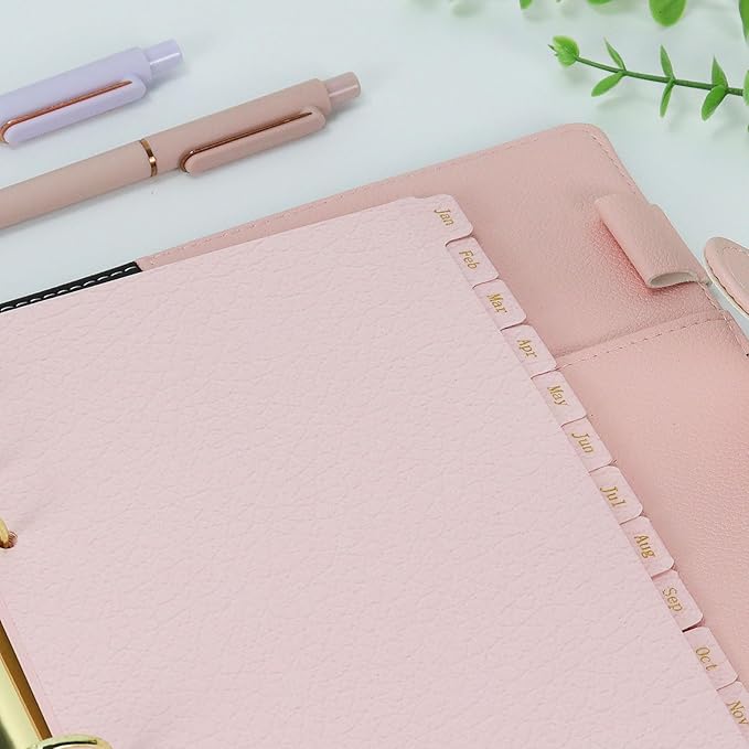 Koqye Leather Textured A5 6-Ring Binder Dividers with 12 Monthly Tabs, Pink Paper Index Page Separators for Planner/Organizer (1 Set - 12 Monthly Tabs)