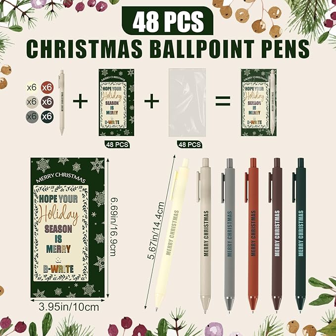 Cholemy 48 Sets Christmas Office Gifts Bulk Christmas Ballpoint Pens with Greeting Cards Classroom Stationery Holiday Gifts for Students Teachers Coworkers Friends Family School Office Supplies