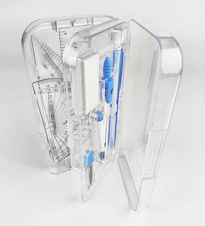 Maths Set Pastel Blue 9PCS Set, Geometry Set Square 4PCS Pack, Compass, Mechanical Pencil, Pencil Leads, Eraser Included in A RE-USABL Plastic Box, Nice Back to School Stationery Set for Students