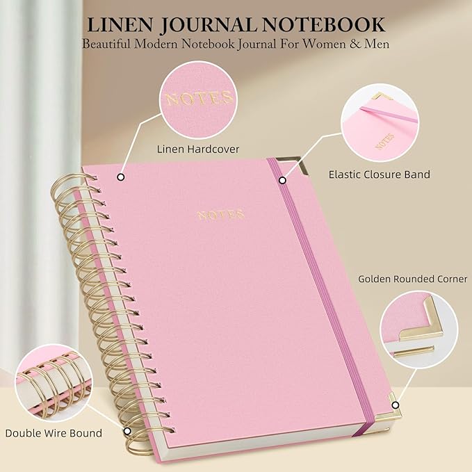 Spiral Notebook Journal, 328 Pages Linen Hardcover College Ruled Notebook, Lined Thick Journals for Women Men, A5 Thick Spiral Journal for Writing, 100GSM Paper, Cute Notebooks for Work School