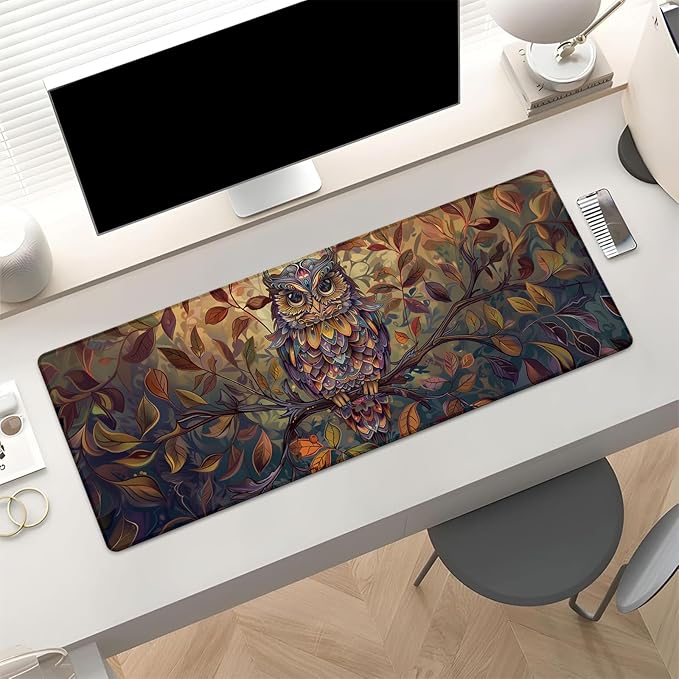 Autumn Owl Gaming Mouse Pad, Colorful Owl Perched on Branch Large Desk Mat for Computer, Extended Keyboard Laptop Mouse Pads 31.5×11.8in, Non Slip Rubber Mousepad for Office Decor Gifts