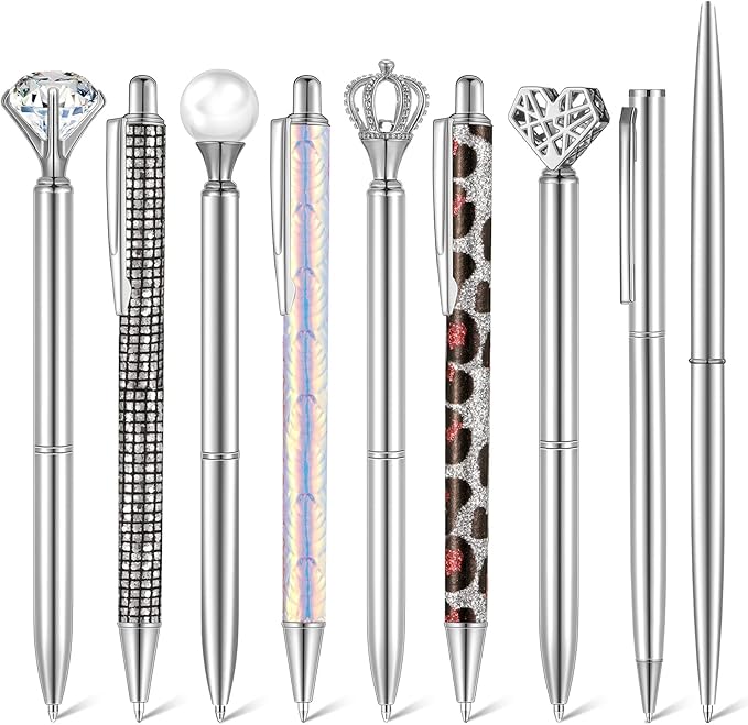 Janmini 9 Pcs Ballpoint Pens Set Metal Crystal Diamond Glitter Pens for Journaling Black Ink Pretty Cute Things Fancy Stationery Gifts for Women Girls Birthday Home Office Desk(Silver)