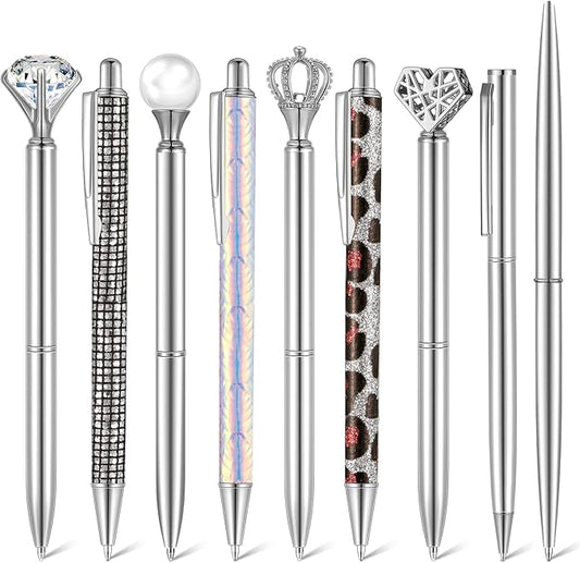Janmini 9 Pcs Ballpoint Pens Set Metal Crystal Diamond Glitter Pens for Journaling Black Ink Pretty Cute Things Fancy Stationery Gifts for Women Girls Birthday Home Office Desk(Silver)