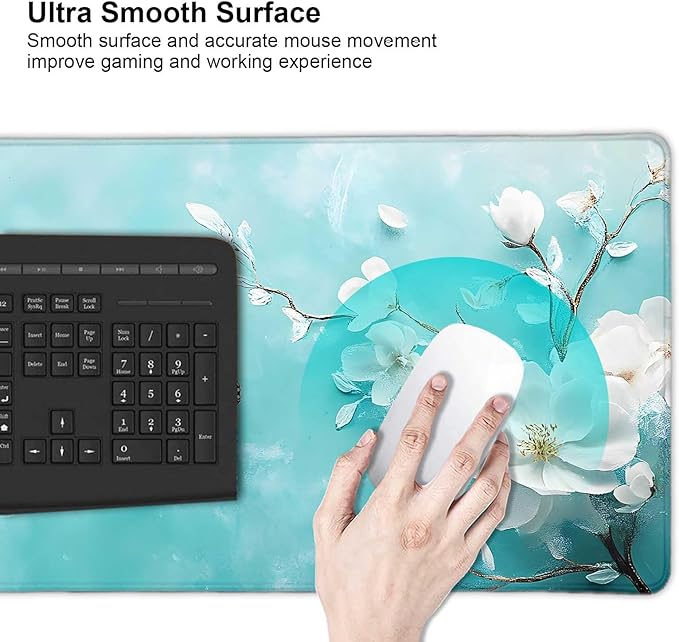 Aqua White Flowers Butterfly Large Mouse Pad, Desk Mat Computer Keyboard Pad Non-Slip Rubber Base Waterproof with Stitched Edges for Laptop Gaming, Office & Home 31.5 x 11.8 Inch (XL-22)