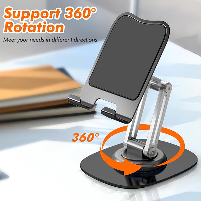 Metal Cell Phone Stand for Desk, Adjustable Foldable Desktop Phone Holder, 360 Degree Rotating Phone Stand for Recording Compatible with iPhone 17 16 15 14 13 12 11 Pro, Black