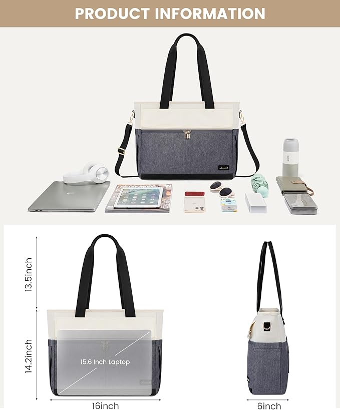 LOVEVOOK Laptop Bag for Women 15.6 Inch Canvas Laptop Large Capacity Work Bags Mutiple Pockets Teacher Bag Water Resistant Computer Bags for Business Travel Nurse, Gray Beige