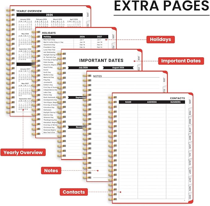 2026 Planner, Weekly and Monthly Calendar Planner, January 2026 - December 2026, Hardcover 2026 Calendar Book with Tabs For Women & Men, Inner Pocket, Spiral Bound, Perfect for Office Home School Supplies - A4 (8.5" x 11"), Tomato Red