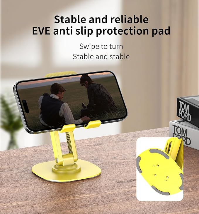 360° Degree Rotating Mobile Phone Holder,Fully Adjustable Foldable Desktop Phone Holder Stand Base,Foldable Desktop Cell Phone Stands for iPhone17 16 15 Pro Xr Xs Max X Plus iPad Samsung(K69-Yellow)