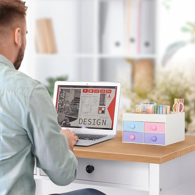LETURE Desk Organizer with Drawer, Desktop Accessories Stationary Organizer Desk Caddy, Pen/Pencil/Business Card/Sticky Note Tray/Paperclip Holder Storage Box (Colorful A)