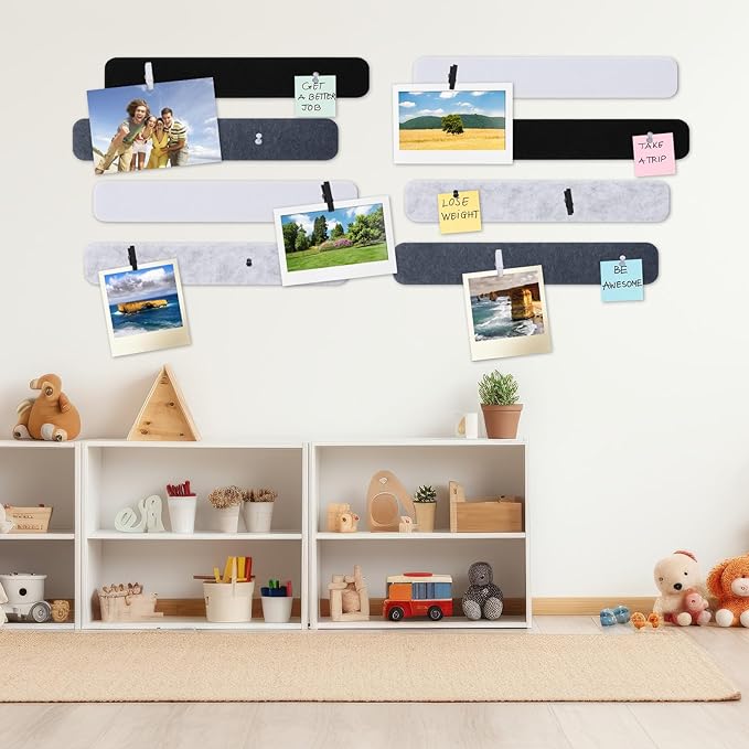 8 Pcs Felt Pin Board Bar Strips Bulletin Board 50 Pushpins and 10 Wooden Clip Pins Self Adhesive Cork Boards for Offices Home Wall Display Photos, Paste Notes, Schedules(Gray)