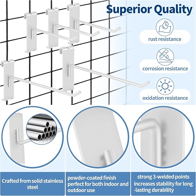 20Pcs Gridwall Hooks, Metal Grid Panel Hanging Peg Hooks, Grid Wall Accessory for Clothes Storage, Home Organization, Retail Display (White, 6"/15Cm)
