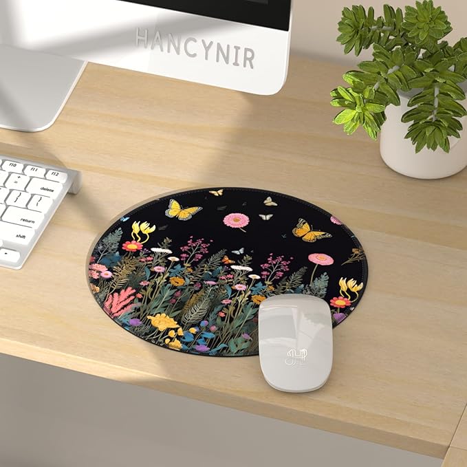 Butterfly Floral Mouse Pad for Desk, Flowers Plants Small Cute Mousepad with Non-Slip Base, Round Mouse Pads for Wireless Mouse Laptop, Computer Mouse Mat for Home Office Desk Accessories