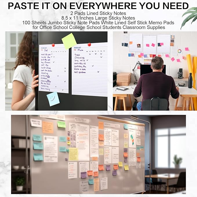 2 Pads 100 Sheets Large White Lined Sticky Notes 8.5 x 11 Inch Self Stick Note Pads White Self Adhesive Sticky Notepad for Home Office Supplies School Gift Set