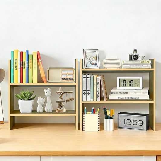 2 Pack Small Shelf for Desk - Desktop Organizer Shelf, Over Desk Storage, 2 Tier Desktop Bookshelf for Office Table Top Organizer, Wood