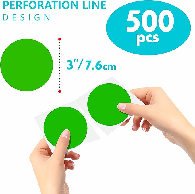 500 PCS Round Green Color Coding Circle Dots Inventory Stickers Labels with Perforation Line in Roll (3" in Diameter)