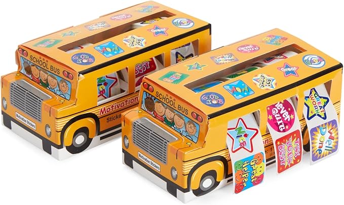 Juvale Teacher Reward Motivational Stickers - 6 Self-Adhesive Rolls (1080 Count) & 2 School Bus Dispensers - 1 in Multicolor Star, Square & Circle Designs - Classroom Essentials & Teacher Supplies