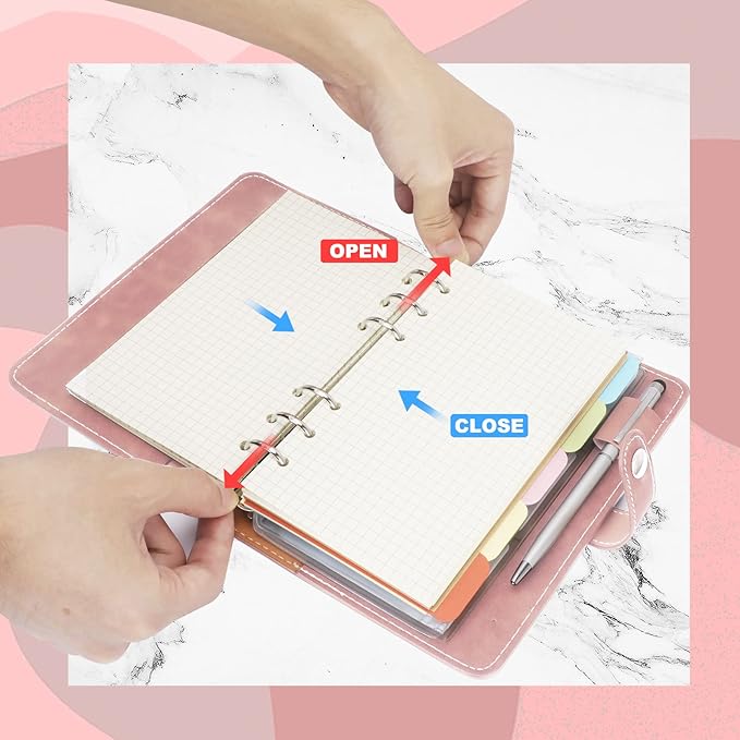 FYY A6 Binder Refillable Planner Notebook 6 Ring PU Leather Binder Journal with Pockets, Dividers, Refill Paper Pink