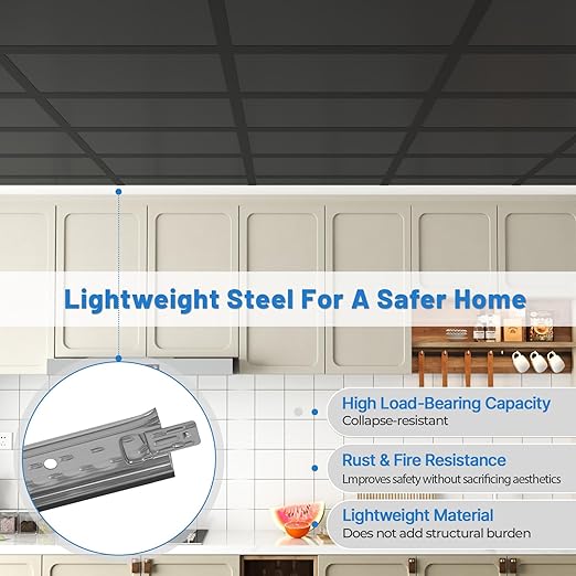 10 PCS 24 Inch Cross Tee Drop Ceiling Grid System, 2 Ft Galvanized Steel Rust & Fire Resistance Easy Installation, Ideal for Basement Living Room Garage Kitchen Bathroom Black