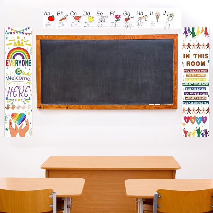 2 Pcs Classroom Welcome Sign Rainbow Classroom Decoration Everyone Is Welcome Banner for Door Bulletin Board Kindergarten Pre School Elementary & Middle High School Wall Sign, 11.8 x 47.2 Inch