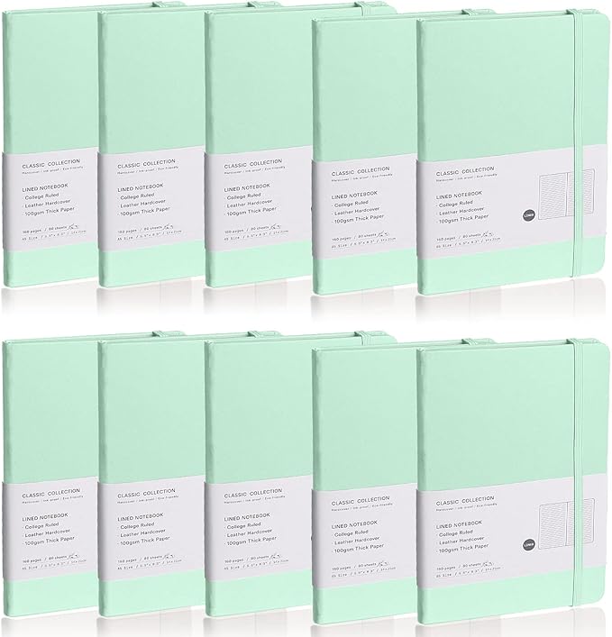 Lined Journal Notebook, 10Pack Hardcover Notebook for Men & Women – Journals for Writing, Work, School, Home & Daily Notes, 160 Pages – Medium A5, 5.7"x8", 100 gsm Thick Paper (Eggshell Green)