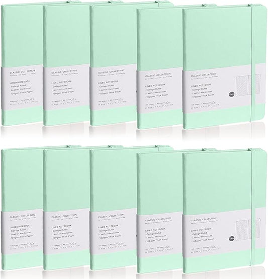 Lined Journal Notebook, 10Pack Hardcover Notebook for Men & Women – Journals for Writing, Work, School, Home & Daily Notes, 160 Pages – Medium A5, 5.7"x8", 100 gsm Thick Paper (Eggshell Green)