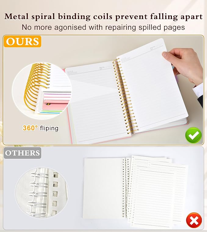 5 Subject Notebook College Ruled, A5 Hardcover Spiral Notebook with Removable Pocket Dividers Tabs, 240 Pages Lined Spiral Journal Notebook for Women, 6x8.5 Notebooks for Work School Note taking Pink
