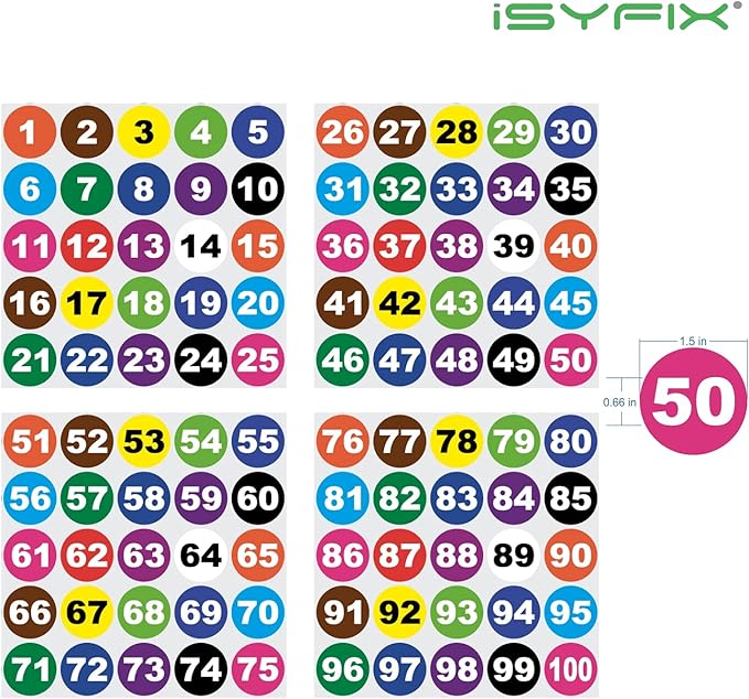 iSYFIX Multicolor Consecutive Number Sticker – 1.5 to 100, 1-inch, 1 Set – Vinyl Self Adhesive Premium Decal, Ideal for Inventory, Storage, Organizing, Boxes, Toolbox, Lockers & More, Indoor/Outdoor