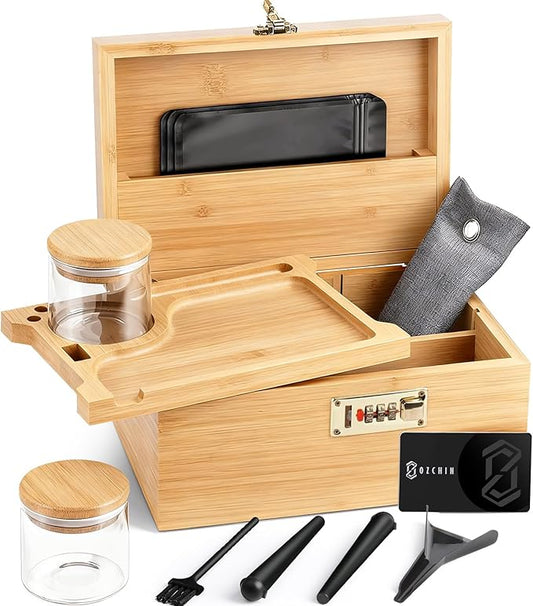 OZCHIN Large Bamboo Box with Combination Lock Decorative box for Home Great Gift Choice Storage Lockbox with Storage Jar, Christmas Gifts for Men Women