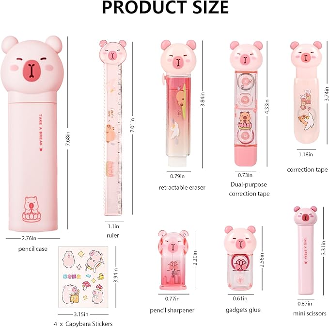 Cute Pink Capybara School Supplies,Capybara Stationary Gift Set,Kawaii Japanese Stationery Birthday GIFS, Includes Pencil Sharpener,Eraser,Correction Tape,Stickers,Ruler,for Office School Supplies
