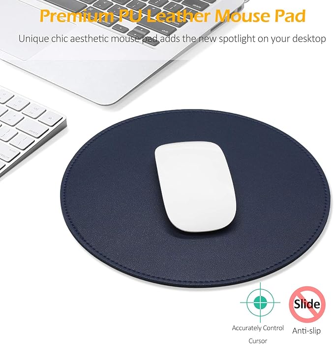 ProElife Premium Cute Round Mouse Pad Mat Waterproof PU Leather 8.66-Inch Mousepad with Anti-Skid Base Stitched Edge for Home Office Gaming Computer Laptop Accessories (Blue)